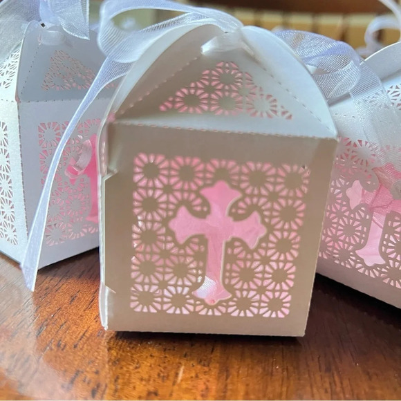 Baptism Favor Boxes Set w/ rosary inside Baby Shower Christening Small Gift Bags - Picture 2 of 10